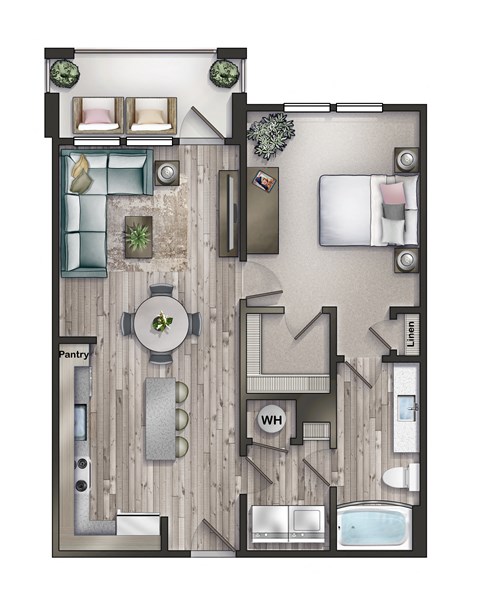 Floor plan for 1 bed, 1 bath, 730 sqft